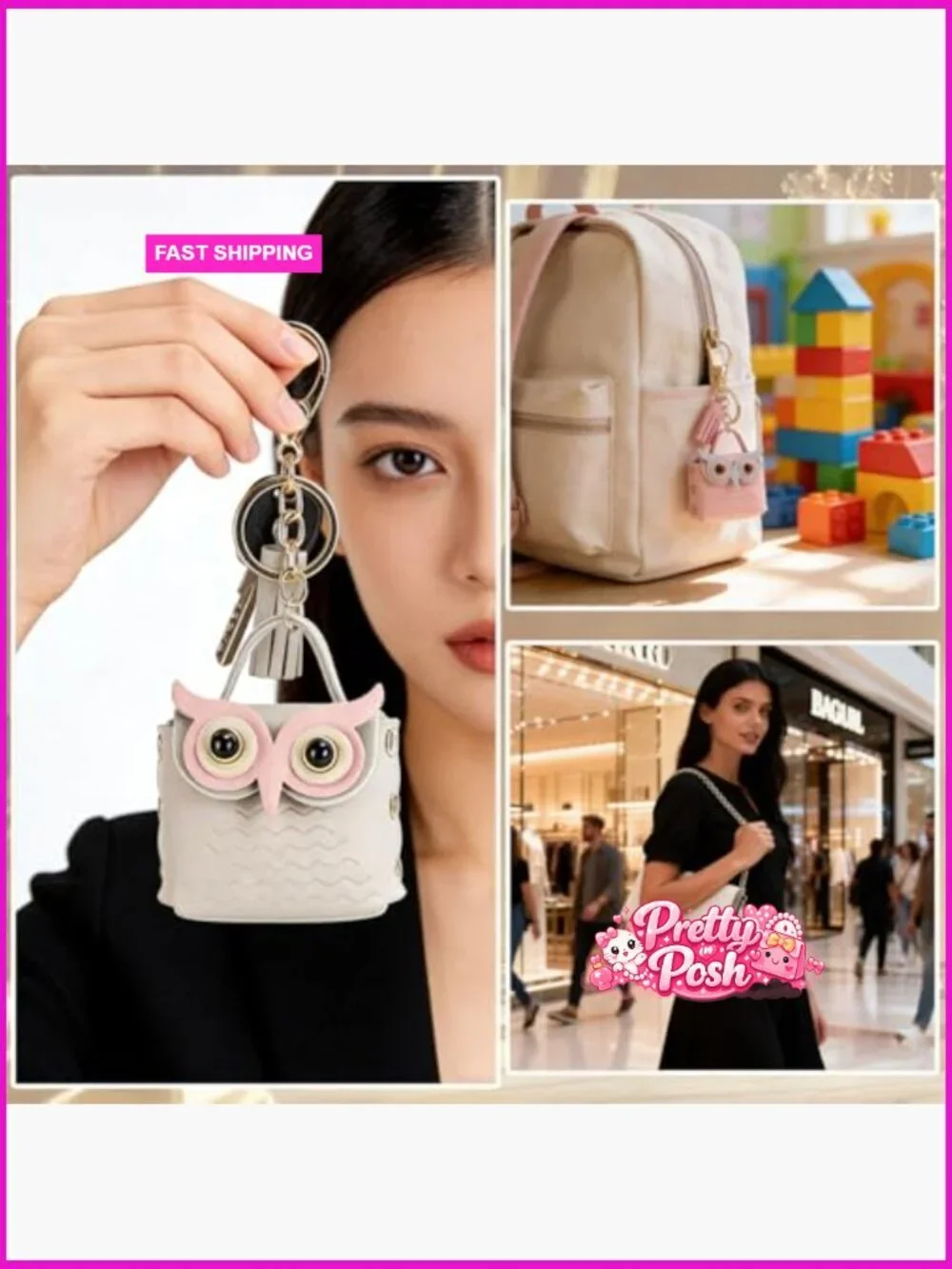 PU Leather Owl Mini Backpack Keychain with Tassel and Snap Closure